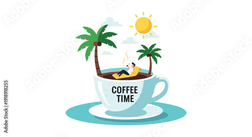 Coffee time and relaxation concept with man on float inside giant coffee cup with palm trees on sunny island.