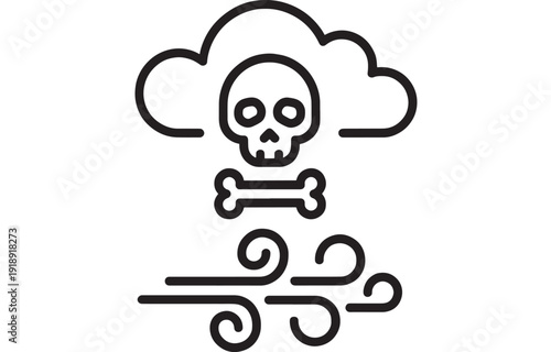 Cloud skull and crossbones icon with wind gust swirl lines, minimal black outline symbol for cybersecurity, malware warning, toxic air, storm hazard, danger alert