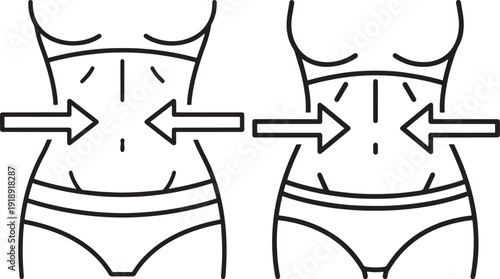 Side-by-side comparison of female body silhouettes showing weight loss and slimming effect with arrows pointing inwards.