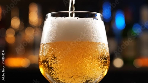 Close-up of beer being poured into a clear glass, creating a rich foamy head and bubbles, bar background