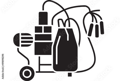 Medical equipment icon with IV drip bag, infusion stand, tubing and hospital devices in black silhouette style, simple flat pictogram isolated on white