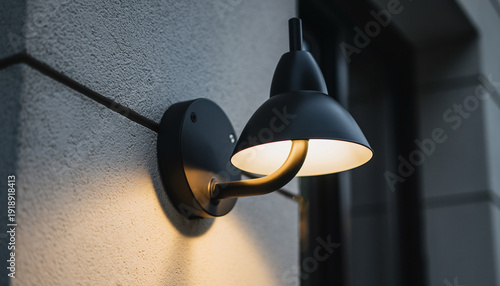Outdoor wall lamp in matte-black finish mounted on ivory wall, providing warm illumination and security for modern residential architecture and exterior design.