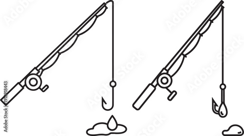 Two fishing rods with hooks and bait, one dripping water, symbolizing the leisure activity of fishing.