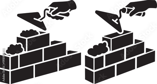 Hands using trowels to build a brick wall with mortar, illustrating construction and manual labor.