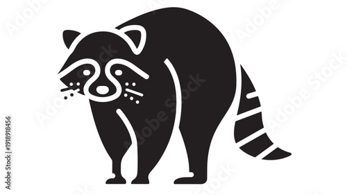Raccoon silhouette icon with cute masked face and striped tail, simple black vector style, minimal woodland animal logo isolated on white background featuring cartoon, minimalist, flat design with