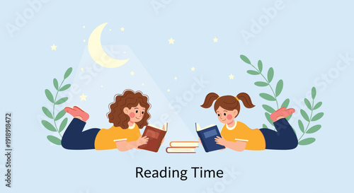 Two cute girls lying on floor reading books at night under moonlight and stars for bedtime reading time concept.