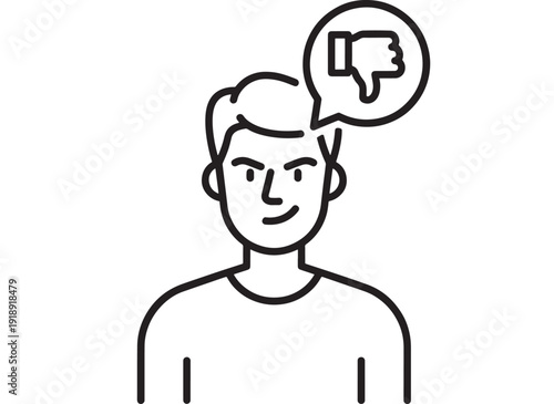 Person line icon with speech bubble showing thumbs down gesture, negative feedback concept, disapproval rating, social media reaction symbol, isolated outline vector