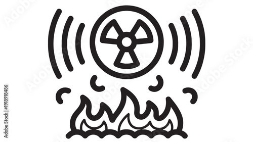 Radiation hazard icon with nuclear symbol, heat waves and fire flames, bold black outline pictogram for danger warning, radioactive contamination, emergency alert signage