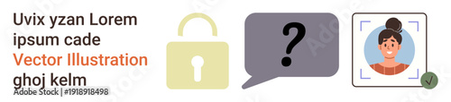 Identity verification, cybersecurity, authentication, online security, digital validation, user privacy. Lock icon with question mark and face recognition profile. Identity verification