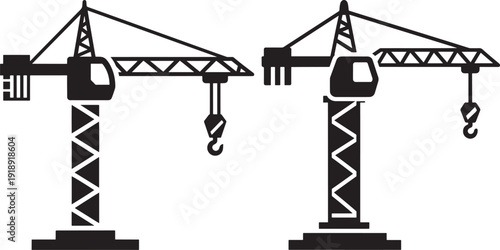 Two construction tower cranes against a white background, representing heavy machinery and industrial development.