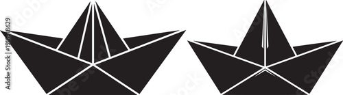 Two black origami paper boats sailing on a white background, representing journeys, creativity, and childhood.