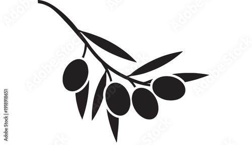Olive branch silhouette icon with hanging olives and leaves, minimalist black botanical clipart for Mediterranean cuisine, organic farming, and natural product branding