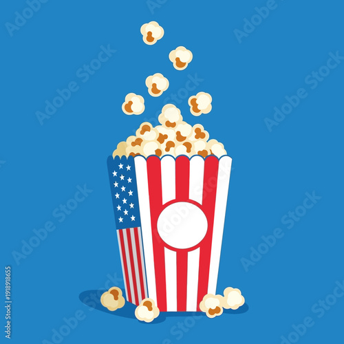American Flag Popcorn Box Overflowing with Popcorn, Cinema Snack, Movie Night
