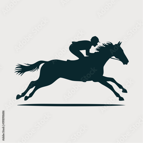 Equestrian silhouette illustration of a rider on a galloping horse in a racing competition