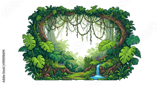 Enchanting Jungle Archway with Waterfall and Lush Vegetation.