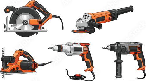 Electric power tools set with circular saw angle grinder drill and planer realistic construction equipment
