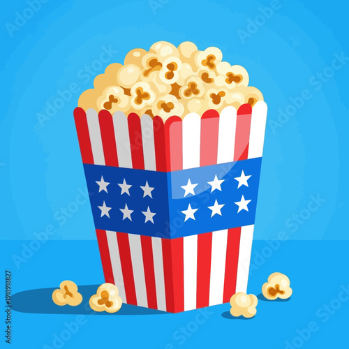 American Flag Popcorn Bucket Overflowing with Popcorn, Movie Night Snack