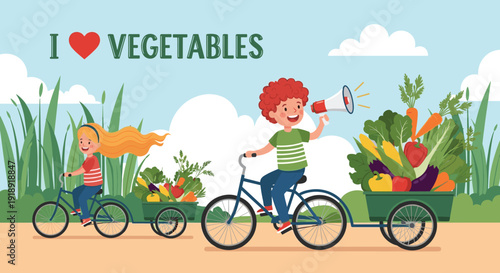 Group of children riding bikes with carts full of fresh vegetables for healthy food and sustainability concept.