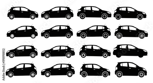 Collection of black car silhouettes viewed from the side.