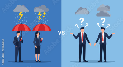 Crisis management versus confusion concept with business people under stormy weather and clouds with question marks.