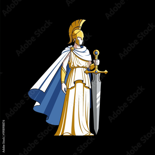 Ancient Greek Goddess Athena Warrior Goddess with Sword and Shield, White and Gold Toga, Helmet