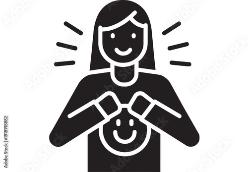Woman pregnant with smiling face and hands on belly, black icon with white outline, simple design, happiness, joyful expectant mother featuring maternity, pregnancy, illustration with graphic and