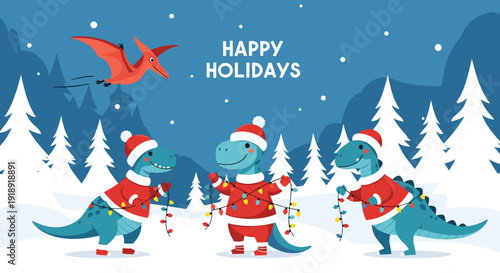 Festive blue dinosaurs in Santa costumes decorating with Christmas lights in winter snow landscape with pterodactyl.