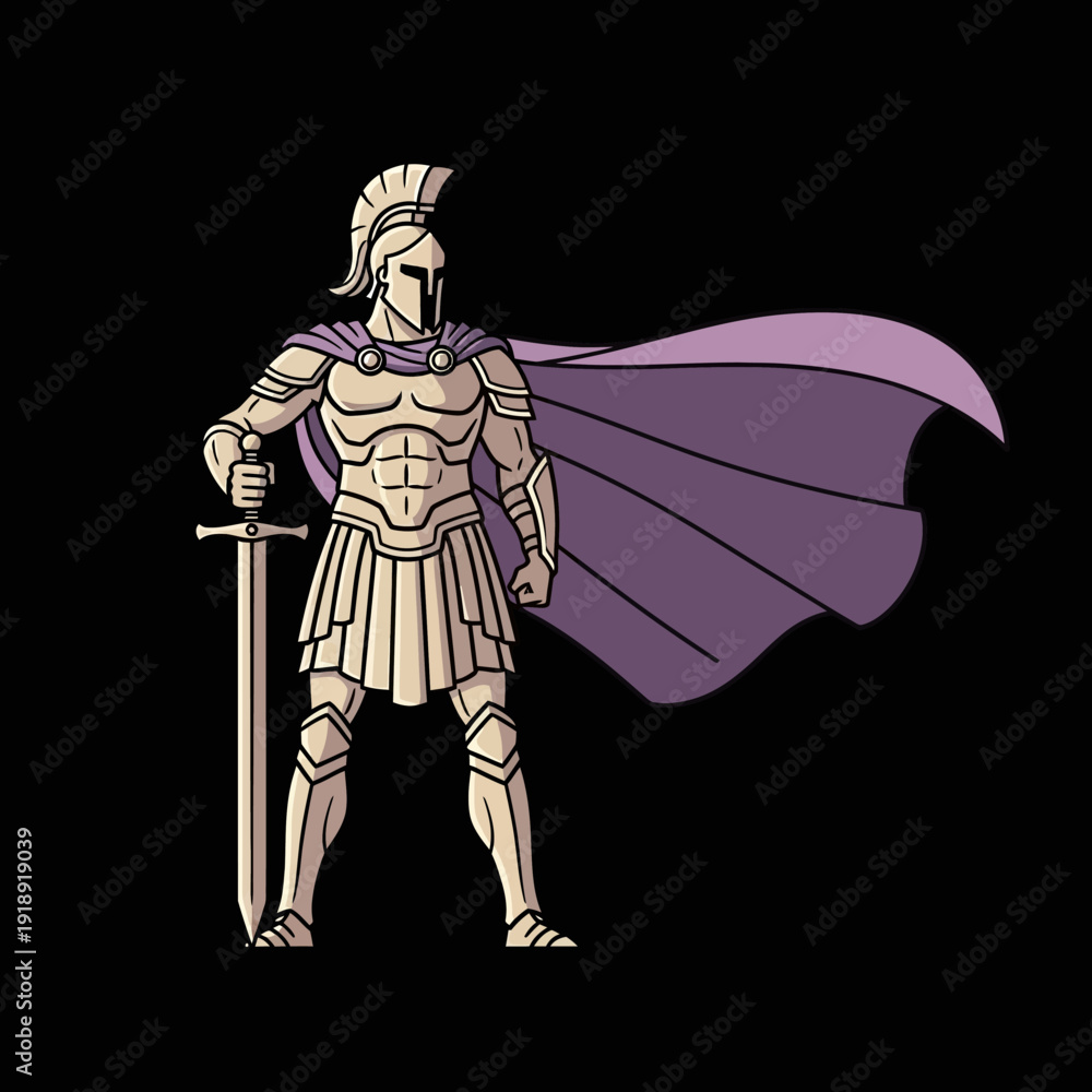 Fototapeta premium Ancient warrior with sword and purple cape, standing strong, historical illustration