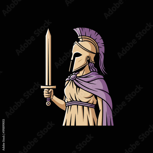 Ancient Greek warrior woman in armor holding a sword, profile view, on black background