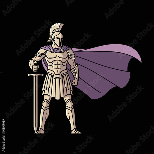 Ancient warrior with sword and purple cape, standing strong, historical illustration