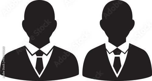 Two black silhouette icons of business people in suits and ties, representing teamwork, partnership, or comparison.