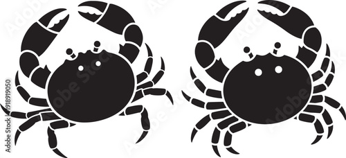 Two bold black silhouette crabs with claws raised, representing seafood, ocean life, and the zodiac sign Cancer.