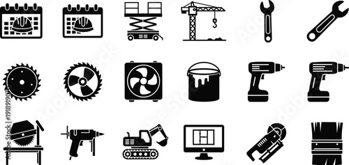Construction and industrial equipment icon set with crane drill wrench saw paint bucket and machinery vector collection