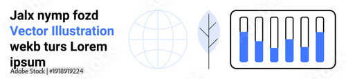 Globe outline, leaf illustration, and bar chart with blue fill accompanying placeholder text. Ideal for environment, sustainability, analytics, education, minimalism, data visualization simple