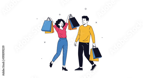 Happy couple celebrates their successful shopping spree by carrying multiple colorful bags and walking joyfully in a minimalist setting.