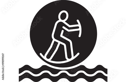 Icon water sport pictogram showing person balancing on board above waves, simple black and white outline symbol for surfing, wakeboarding, or paddleboarding sign