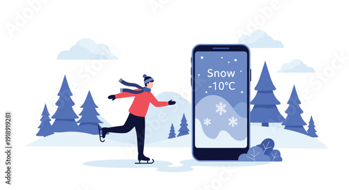 Individual enjoys ice skating outdoors in a winter forest setting while a giant smartphone displays the current snowy weather conditions.