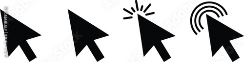 Cursor arrow icon set with click indicators, pointer symbols for web navigation, user interface actions, and digital interaction concepts