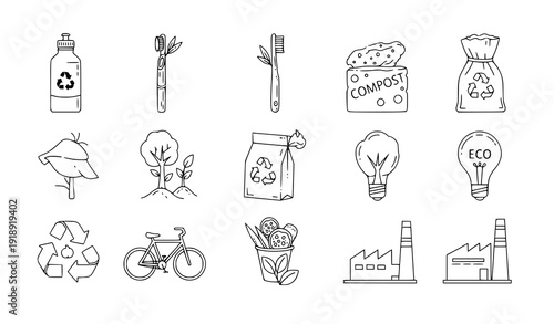 Sustainable Living Line Icons – Zero Waste and Eco Lifestyle Outline Vector Pack