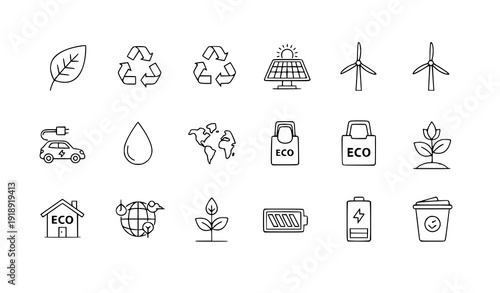 Eco Friendly and Sustainability Outline Icon Set – Green Energy and Environment Vector Collection
