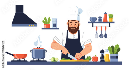 Professional male chef with a beard carefully chops fresh vegetables on a cutting board in a modern kitchen while cooking a delicious meal.