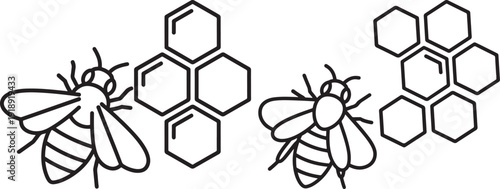 Two black outline icons of bees and honeycombs, representing beekeeping, nature, or sweet products.