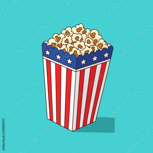 American Flag Popcorn Box Filled with Popcorn on Cyan Background