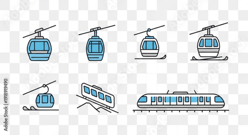 Set of cable car and train icons for transportation and travel.