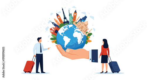 World travelers with suitcases stand near a giant hand holding a globe adorned with famous international landmarks symbolizing global tourism.
