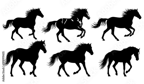 Set Of Running Horse Silhouettes Galloping Stallions In Various Poses Isolated On Transparent Background Vector Illustration