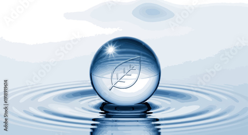 Transparent water droplet with leaf inside rippling on serene blue water surface with cloudy sky background