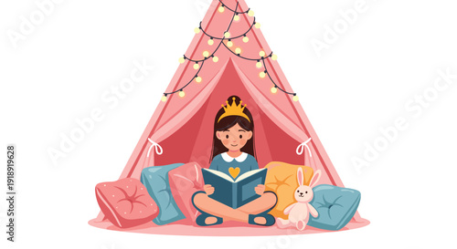 Young princess wearing a crown sits comfortably inside a decorated pink teepee tent while reading her favorite book with plush toys.