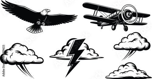 Vintage Style Vector Set of Bald Eagle in Flight and Biplane Aircraft with Storm Clouds and Lightning Bolt for Illustration,
