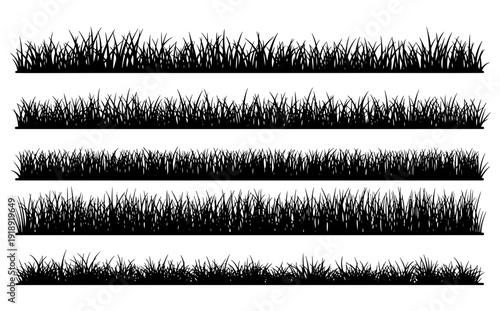 Set Of Black Grass Silhouette Borders And Edges Isolated On Transparent Background For Landscape Design